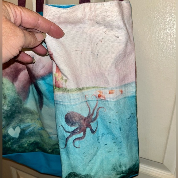 SEA LIFE LOVE Manatees Octopus Turtle Seagulls Tote Canvas Beach Bag. New. - Picture 4 of 7